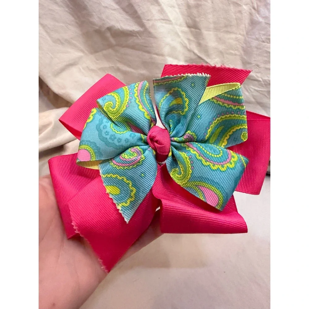 Kids Hot Pink and Teal Paisley Grosgrain Hair Bow Alligator Clip